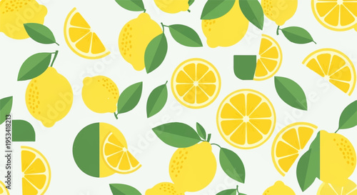 Vibrant lemons and lemon slices with green leaves on white background citrus pattern
