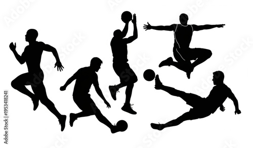 Black and white sports action silhouette set for t shirt design isolated on transparent background