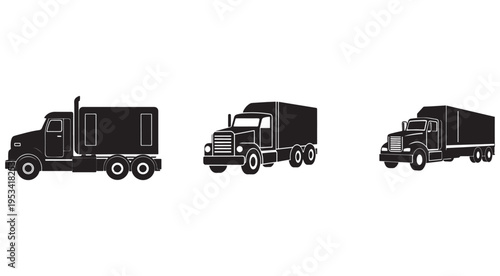 Black semi truck silhouettes in various orientations on white background for logistics and transportation concepts  three different views of large semi trucks