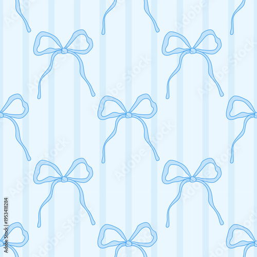 Seamless pattern with delicate blue ribbon bows on striped pastel background, perfect for fabric, wallpaper, wrapping paper and feminine design.