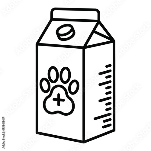 Black line drawing of a carton of pet milk with a paw print on the front icon