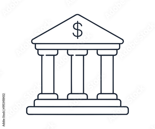 Bank building with columns and dollar sign on triangular roof