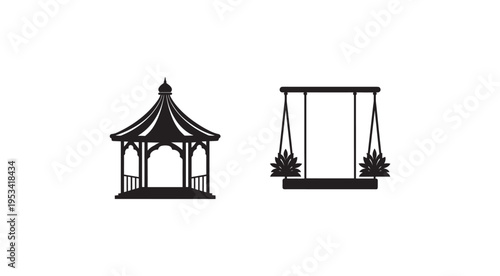 Black silhouettes of a gazebo and a swing on white background  simple iconic illustrations