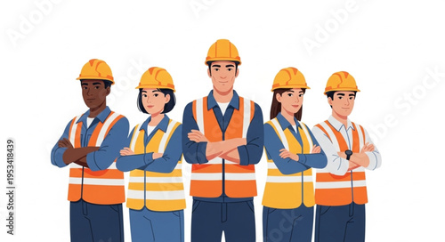 Diverse group of construction workers standing together.