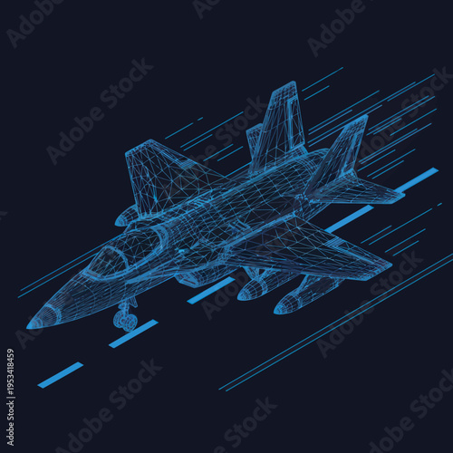 Fighter Jet Wireframe Model Flying Fast.