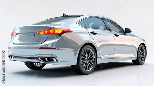 Rear view of modern silver sedan isolated on white background, clean studio shot with sleek design and copy space, ideal for automotive, transport, and mobility concepts.