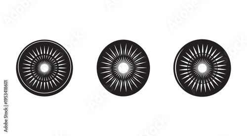 Blackandwhite circular designs with white lines radiating from center isolated on white background