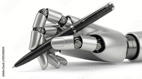 Close-up of robot hand with pen, AI writing, automation, futuristic technology, precision mechanical hand, writing tool