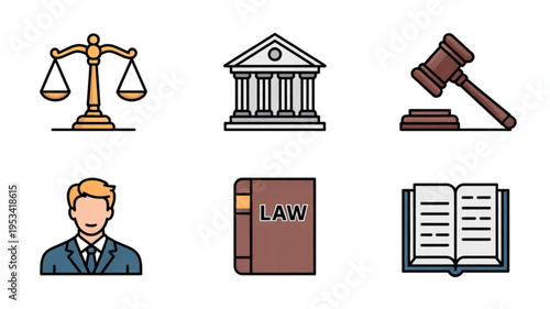 Law and justice icons including scales gavel courthouse lawyer law book and legal documents on white background