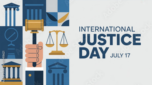 International justice day graphic with law symbols on blue background