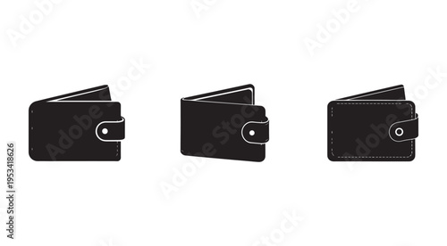 Black wallets with different designs and angles on white background  various types of wallets