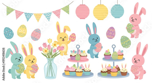 Cute Easter Bunnies and Festive Decorations for Spring Celebration.