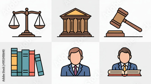 Law and justice icons set with scales gavel court building books and lawyers