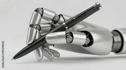 Robot hand holding pen writing on white background, concept of automation and AI writing, a robotic hand grips a pen, poised to write