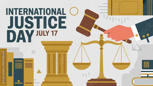 International justice day illustration with gavel scales and law books on july 17th