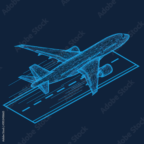 Airplane Wireframe Design on Dark Background.