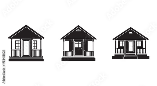 Blackandwhite house silhouettes with porches and balconies in different architectural styles and designs  simple and modern  isolated on white background