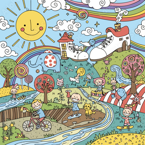 Whimsical illustration of a sunny day with playful characters and colorful elements