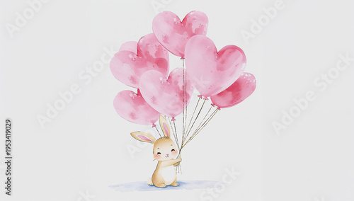 Sweet watercolor baby bunny holding pink heart shaped balloons