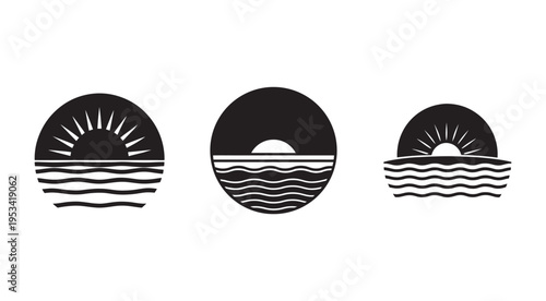 Blackandwhite sunsets over ocean with wavy lines and sun rays in circular frames for graphic design and icons  sea landscape
