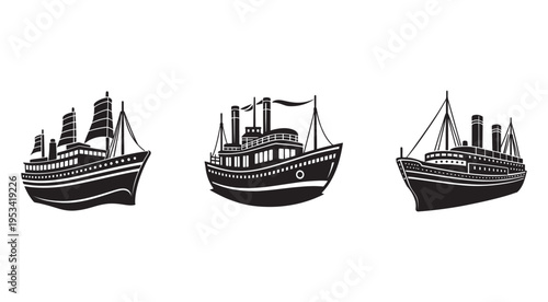 Blackandwhitesilhouetteofthreesteamboatswithmastsandchimneysonwhitebackground