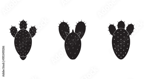 Blacksilhouetteofthreecactiplantswithspinesandovularshaped stemsisolatedonwhitebackground