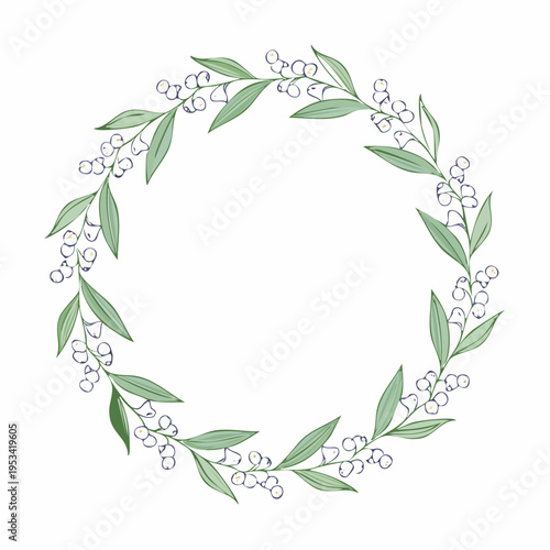 スズランの白い花と緑の葉の手描き風円形フレーム