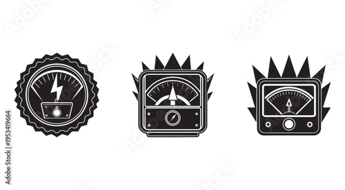 Electricity meter icons with lightning bolts and gauges on white background  electricity and energy measurement symbols