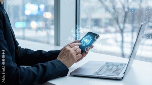 Businessman using AI automation app on smartphone near laptop by winter window.
