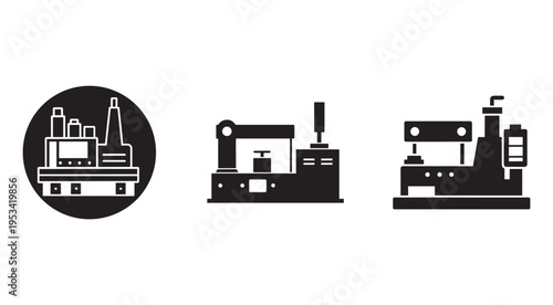 Factory machines and industrial equipment icons  manufacturing and production symbols  industrial machinery and factory signs