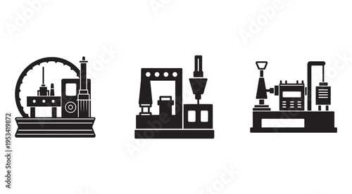 Factory machines and industrial equipment illustrations  manufacturing and production tools  industrial technology and machinery designs