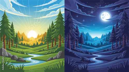 Forest scene split: day with sun and night with moon, river valley, pine trees, natural beauty