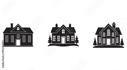 House silhouettes with trees and chimneys on white background  simple black and white house icons