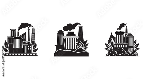 Industrial buildings with smoke coming out of chimneys and plants around them  industrial pollution concept