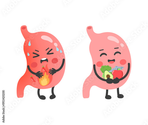 Healthy and sick stomach characters. Happy stomach with fresh food and sad stomach with heartburn. Gut health and digestion concept. Vector illustration.