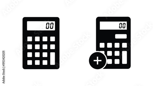 Two black calculator icons with a plus sign simple silhouette