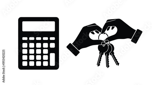 Calculator and keys held in hands a striking black silhouette