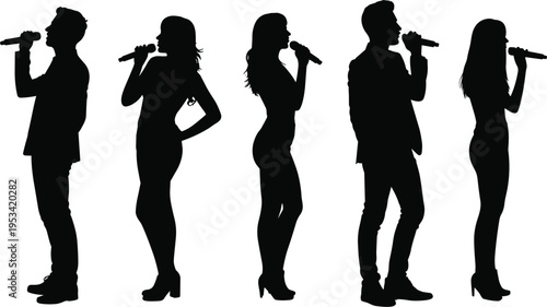Singers with microphones silhouettes vector set, male and female performers vocalists isolated music entertainment illustration