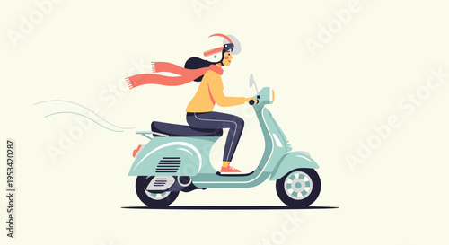 Woman rides scooter with flowing scarf. She smiles while steering forward confidently. Light pastel colors create cheerful, modern vibe. Perfect for urban lifestyle, travel, or transport themes