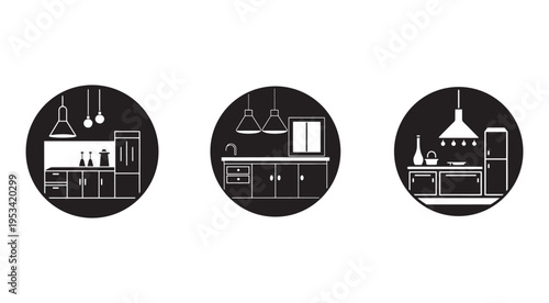 Kitchen interior design elements with furniture and appliances in white outline on black circular background