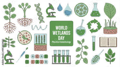 World wetlands day illustration with plants, microscopes, test tubes and water drops, test tube