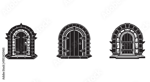 Medieval wooden doors with stone archways and metal hinges and spikes  old fortress entrances