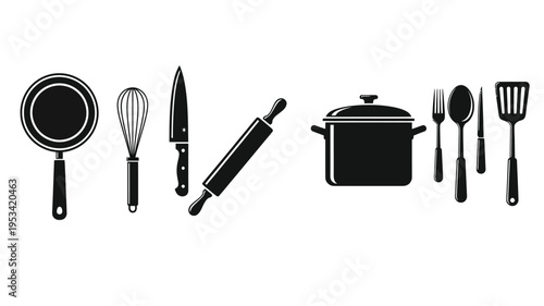 Black kitchen utensils arranged in a row simple silhouette