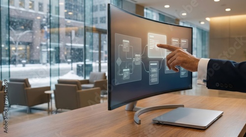 Hand pointing at workflow automation diagram on large office monitor. AI automation concept.