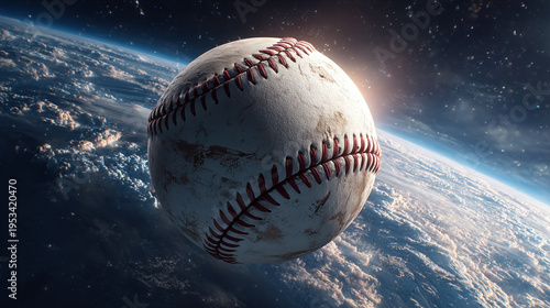A baseball floating in outer space with stars and nebula, surreal concept blending sport and cosmos, dark background, futuristic scifi visual.