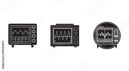 Oscilloscope icons with different waveforms on screen  electronic devices for measuring signal waveforms