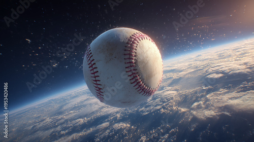 A baseball floating in outer space with stars and nebula, surreal concept blending sport and cosmos, dark background, futuristic scifi visual.