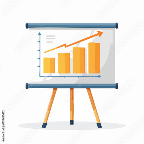 Illustration of a white flip chart board on a tripod stand displaying a rising bar chart with an arrow indicating growth and progress