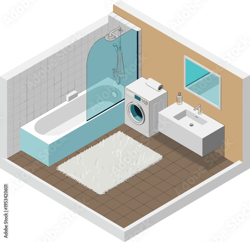 Modern bathroom interior isometric vector illustration, bathtub shower washing machine sink vanity rug window clean minimalist design