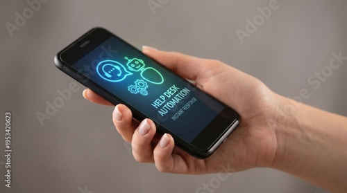 Hand holding smartphone showing help desk automation chatbot. AI assistant support concept.